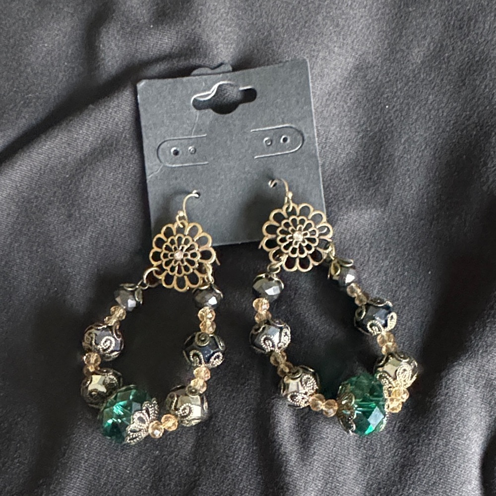 Gold Hoop Earrings with Green  Accents